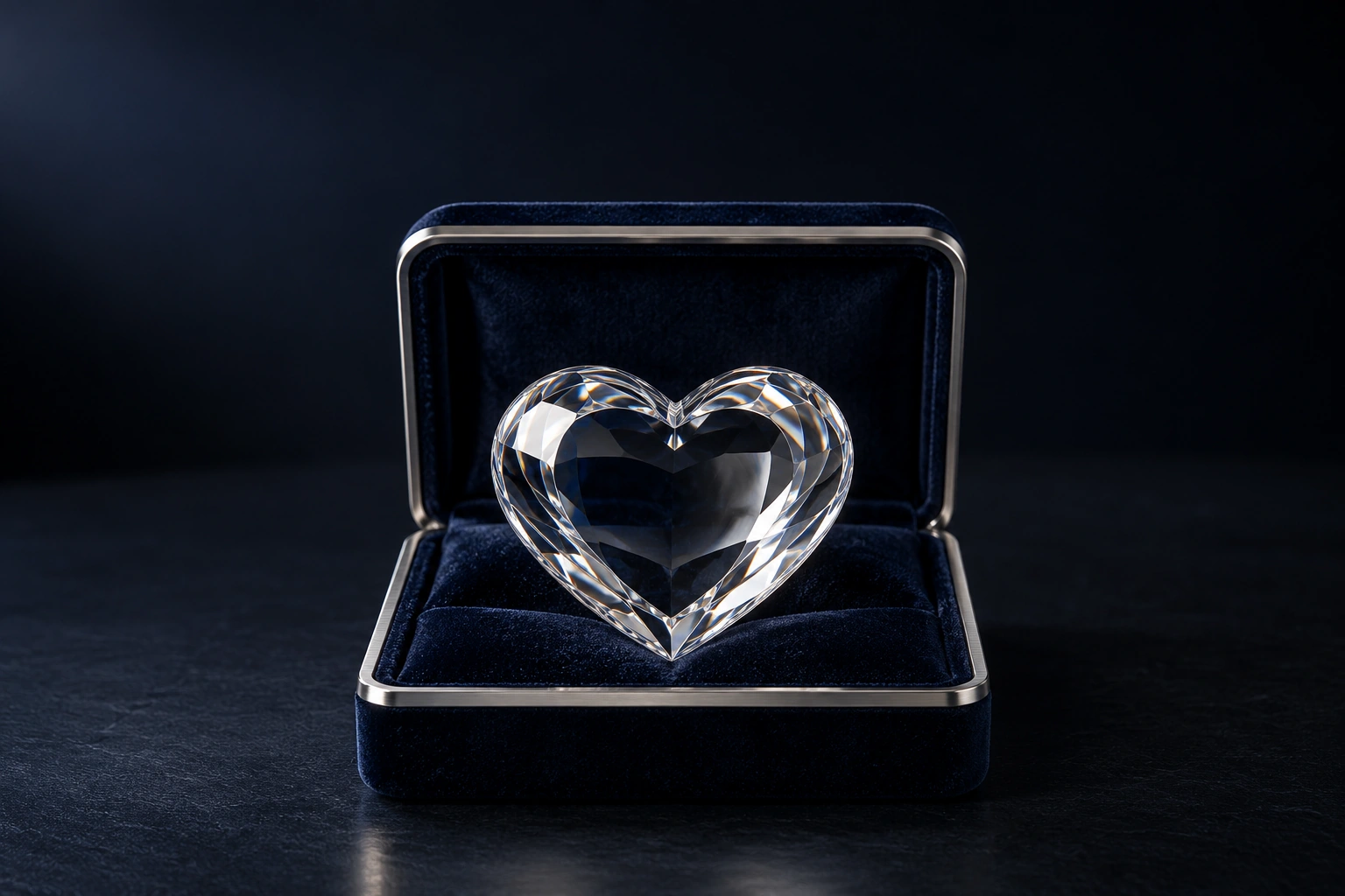 A crystal heart waiting in a velvet gift box